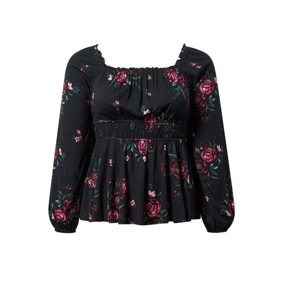 NWT Torrid Rayon Slub Waist Detail Blouson Sleeve Top Black Floral Size 4X - Picture 1 of 7